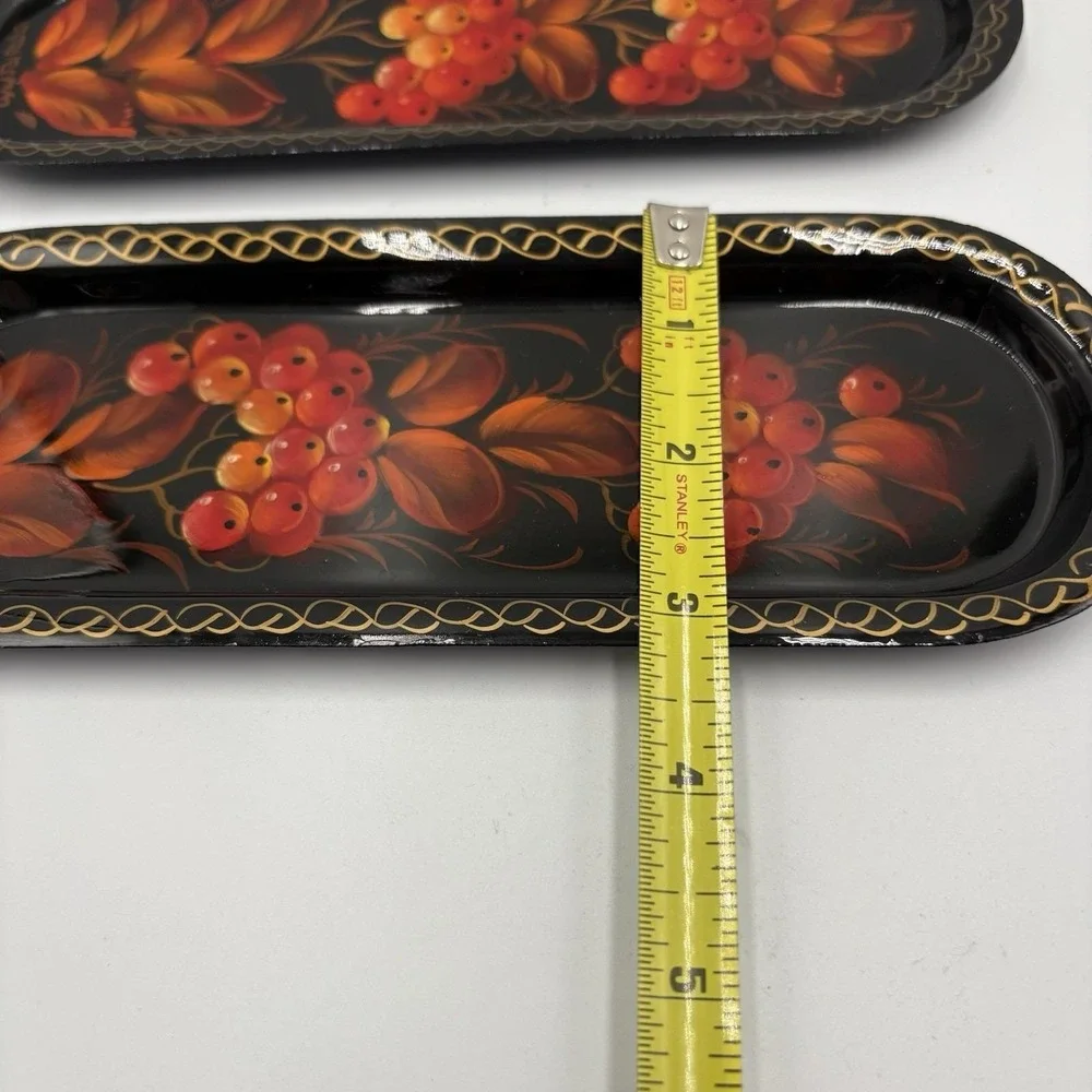 Two (2) Zhostovo Hand painted Russian Metal Decorative Trinket Tray Red Berries